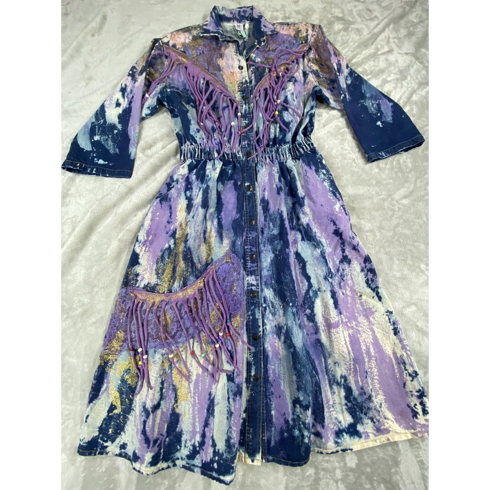 Vintage 90s Dress Small‎ Blue Cotton Heavy Denim Collared Long Tie Dye Lace